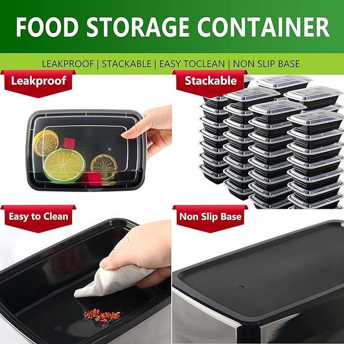 28oz Meal Prep Containers Bulk 48 Set with Forks and Lids - To Go Food Containers 1 Compartment Snack Container Reusable Food Storage Containers, Freezer Safe and Leakproof Plastic Lunch Take Out Box