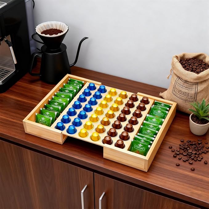 Bamboo Coffee Pod Holder Drawer, 11.85x12.6x2.42Inch Tea Bags Storage Organizer Holder 42 Pod Capacity for Coffee Station Home Office and Kitchen