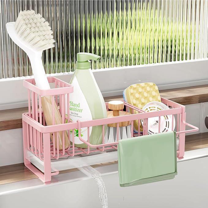 SWTYMIKI Sponge Holder for Kitchen Sink - Sink Caddy with Brush Holder Self-draining Sponge Caddy Organizer with Divider Stainless Steel Kitchen Accessories Storage for Countertop, Pink