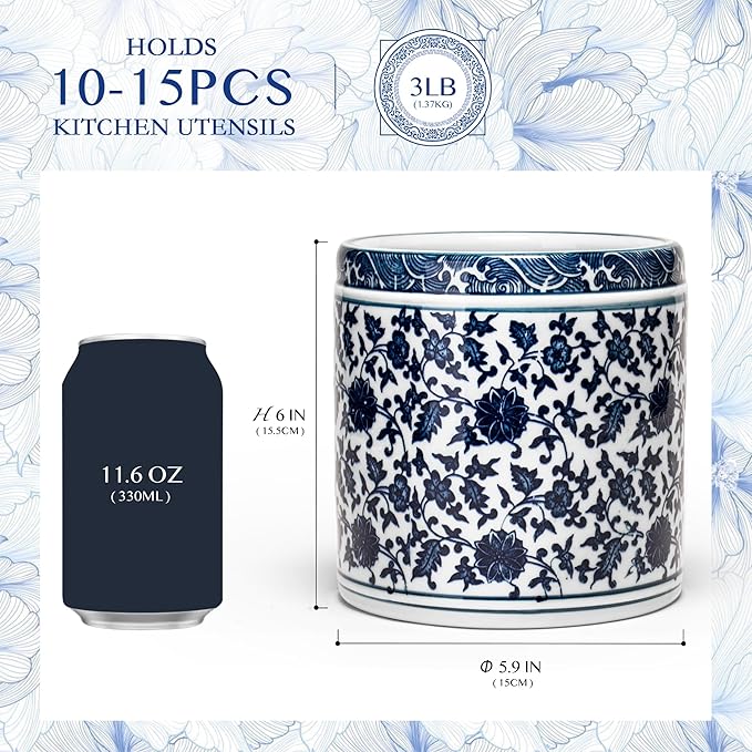 Utensil Holder, 6" Premium Ceramic Kitchen Utensil Rack for Countertop, Hand-painted blue and white porcelain made in Jingdezhen suitable for Vintage Farmhouse Kitchen Counter Decor