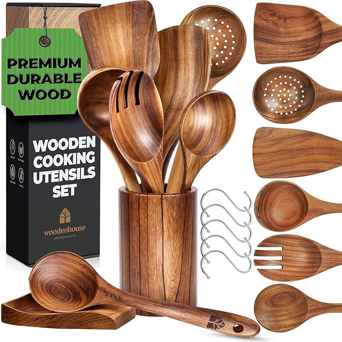Wooden Utensil Set 8 Pcs – Sturdy & Easy to Clean, Natural Teak Wooden Spoons for Cooking – Non-Scratch Cooking Utensils with Spatula, Turner, Ladle, Spoons, Skimmer, Holder, Spoon Rest & 6 Hooks
