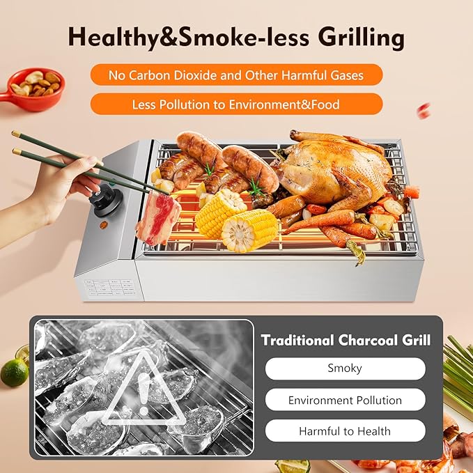 Electric Indoor Grill 1800W, 2 in 1 Smokeless Indoor Stainless Steel Grills with Non-stick Removable Grill & Grease Catcher Tray, 122-302°F Temperature Control Portable Flat Top Korean BBQ Grill