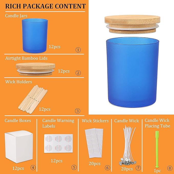 MILIVIXAY 12 Pack 7 OZ Frosted Blue Glass Candle Jars with Lids and Candle Making Kits - Bulk Empty Candle Jars for Making Candles - Spice, Powder Containers.