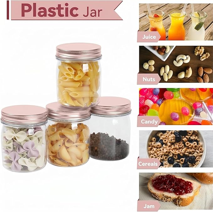 novelinks 8 oz Clear Plastic Jars with Airtight Lids, 24 Pack Plastic Mason Jars with Lids 8oz, Refillable Storage Slime Containers & Small Spice Jar for Kitchen Organization (24 Pack,Rose Gold)