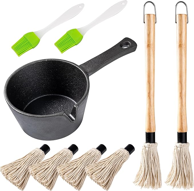 BBQ Mop Brush and Cast Iron Sauce Pot Set, 11-in-1 Value Pack includes 2Pcs Wooden Long Handle, 6 Brush Heads, 1 Cast iron BBQ Pan and 2 Silicone Brushes for Grilling all Types of Ingredients