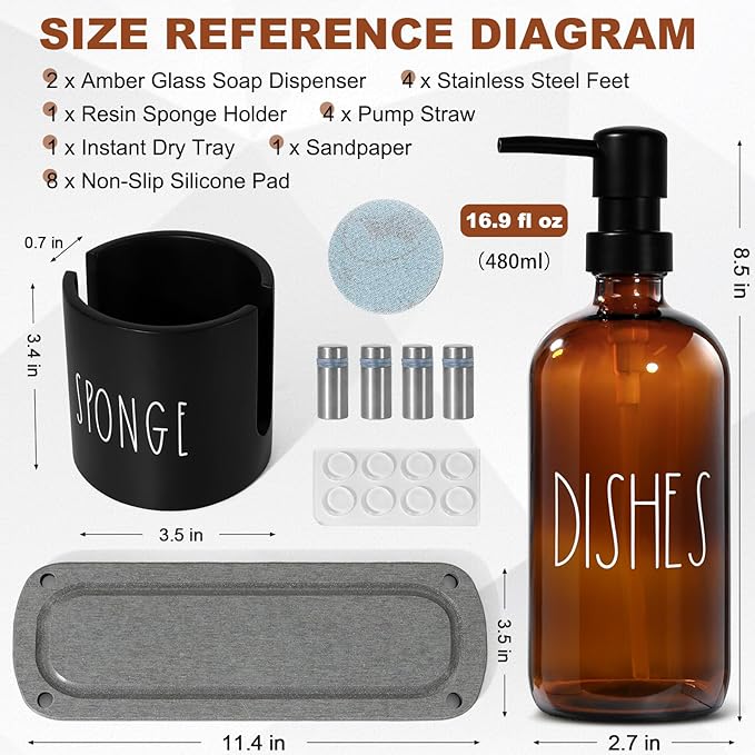 Amber Glass Soap Dispenser, Kitchen soap Dispenser with Sponge Holder, Dish and Hand soap Dispenser Set with Tray,Instant Dry Tray, Amber