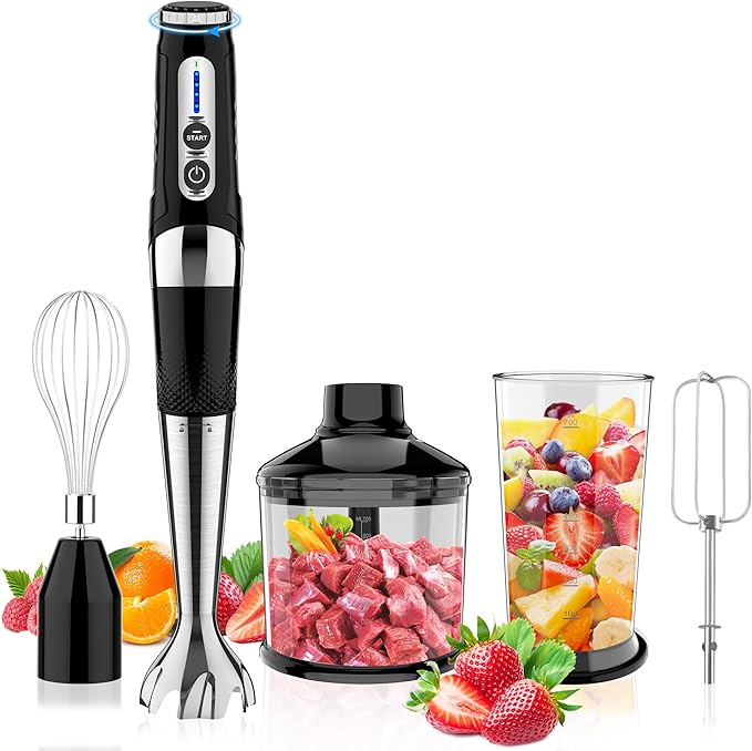 Toogel Cordless Immersion Blender, 4-in-1 Electric Hand Blender with 21-Speed & 3-Angle Adjust, USB Rechargeable, BPA-Free & Dishwasher Safe for Baby Food, Smoothies, Soup (Black)
