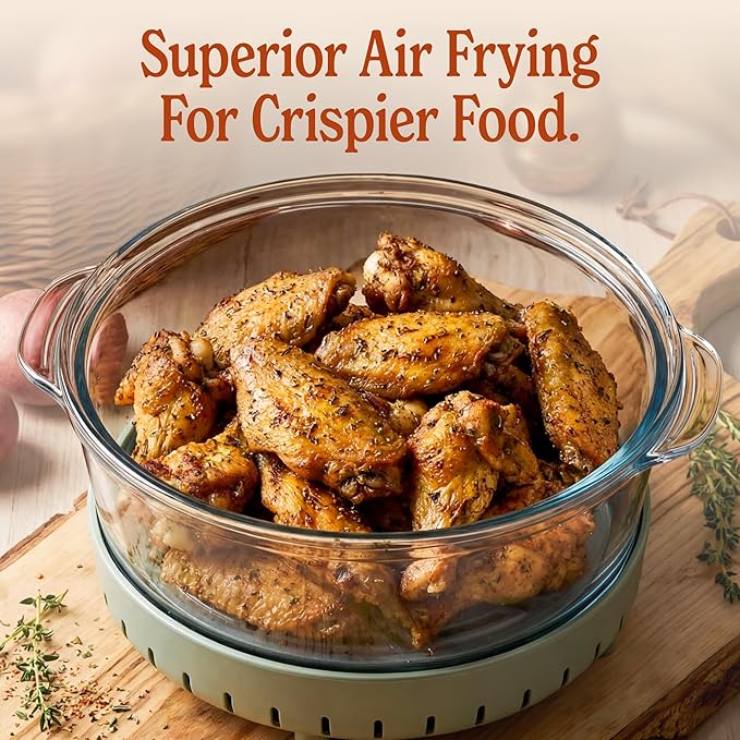 MAGNIFIQUE Glass Air Fryer, Non Toxic Air Fryer with 4.5QT & 2.5QT Glass Pots, Borosilicate, Stainless Steel, Air Fry, Bake, Re-Crisp & MaxCrisp, Olive