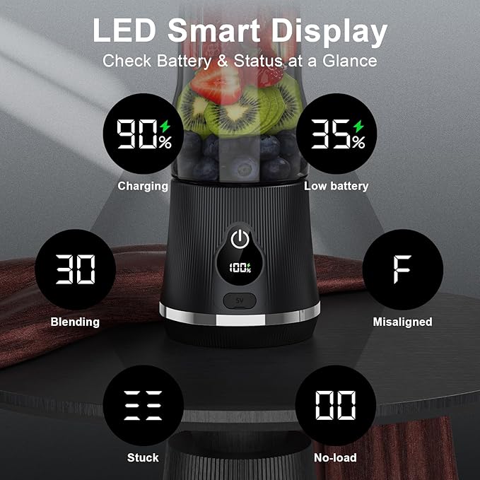 Portable Blender for Smoothies and Shakes, 17oz Personal Blender with 6 Stainless Steel Blades, USB-C Rechargeable, LED Display, BPA Free, Compact Travel Cup with Extra Lid for Gym, Office & On-the-Go