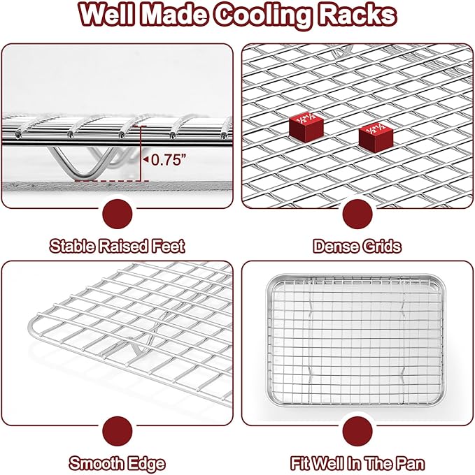 TeamFar Stainless Steel Baking Sheet with Rack Set, 17.6/16/12.5 Inch Cookie Sheets Baking Pans and Cooling Racks for Cooking Serving, Non-Toxic & Heavy Duty, Dishwasher Safe, 6 PCS (3 Pans + 3 Racks)
