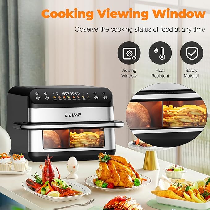 DEIME Dual Zone Air Fryer 10.6 QT Double 1800W Large Capacity Oven Air Fryers Healthy Cooker with 8 Preset, Large AirFryer for Families Visual Cooking Window, Non-Stick Basket, Included Recipe