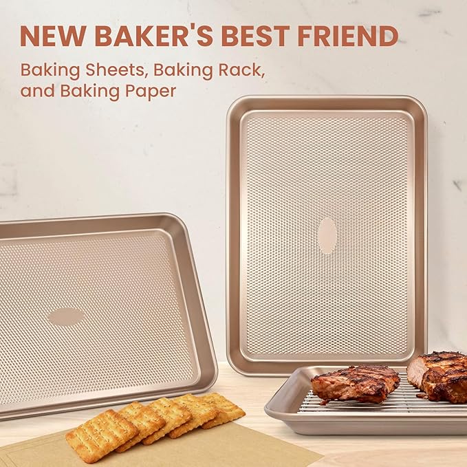 Baking pans Set, 2 Sheet Pans(17.5'' X 11.8'') and 250 unbleached Sheets of Parchment Paper, Thickened Nonstick Cookie Sheet for Baking, Carbon Steel Baking Pan