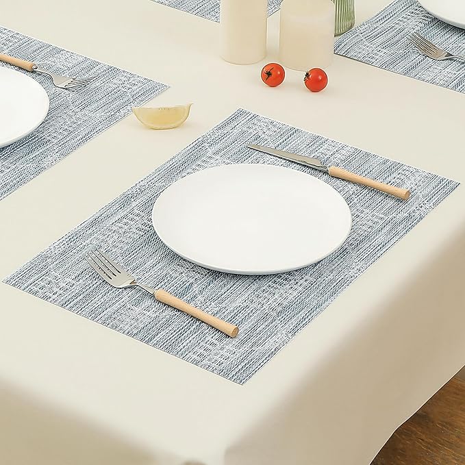 Leetaltree Jacquard Blue Placemats Set of 12 - Heat Resistant Non-Slip Place mats for Dining Table, Washable Durable PVC Vinyl Woven Table Mats（Jacquard Blue, 12）