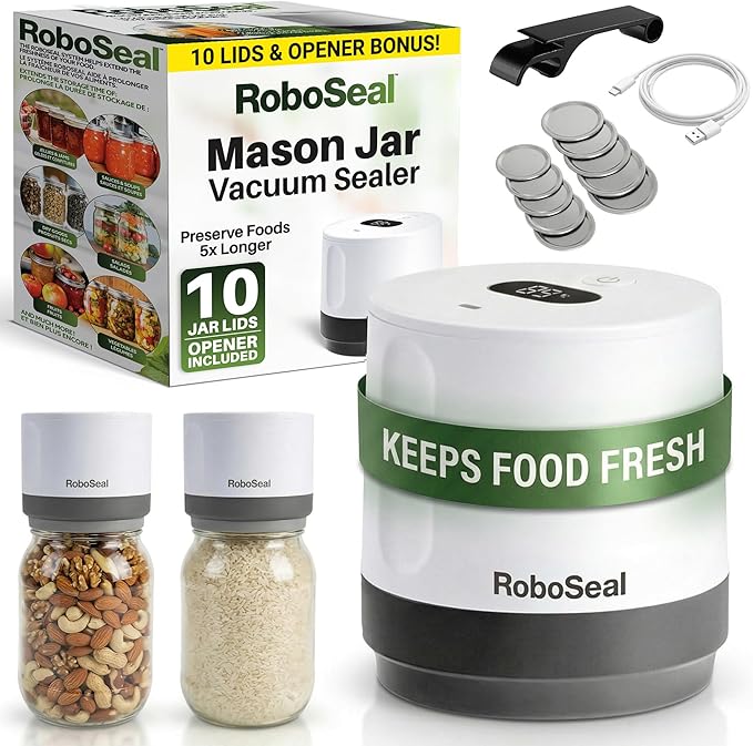 RoboSeal Electric Mason Jar Vacuum Sealer Kit with 10 Lids, Works on Wide & Regular Mouth for Canning Food, Auto Stop One Touch Operation, Digital Battery Indicator, Jar Opener Included