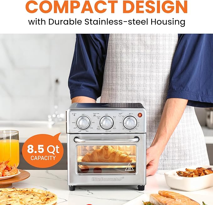 Elite Gourmet Compact 8.5Qt Air Fryer Oven – Mini Countertop Air Fryer with Adjustable Time & Temperature Controls, 800W, Includes Air Fry Basket, Bake Pan & Recipes, Stainless Steel