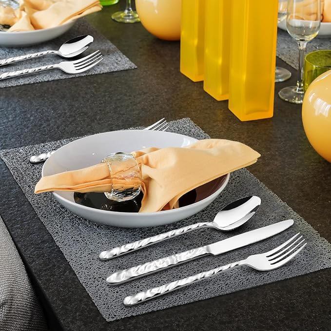 NICE KITCHEN 60 Piece Silverware Set for 12, Food-Grade Stainless Steel Utensils Set,Wave Style Design & Mirror Polished - Dishwasher Safe