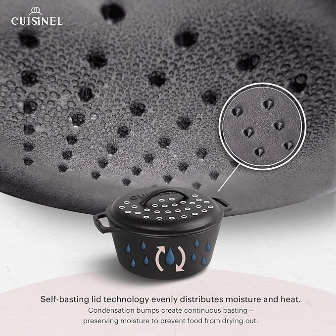 Cuisinel Cast Iron Dutch Oven - 5-Quart Deep Pot + Lid + Pan Scraper + Handle Cover Grips - Large Pre-Seasoned Cooker for Baking Bread, Soup, Frying - Indoor/Outdoor Kitchen, Camping, Fire, BBQ Safe
