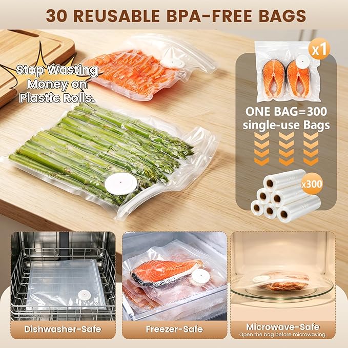 Electric Handheld Vacuum Sealer for Food: 41-PC Kit with 30 Reusable Bags & 10 Mason Jar Valve Lids, Portable Cordless Vacuum Sealer Machine for Kitchen, Meal Prep, RV Camping & Sous Vide