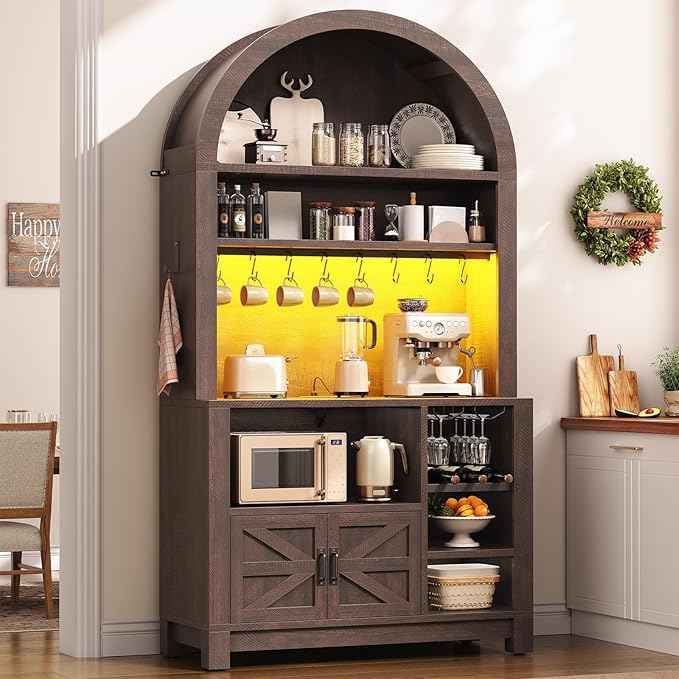 Itaar 73" Tall Arched Bakers Rack with Power Outlet and LED Light, Farmhouse Coffee Bar Cabinet, Kitchen Microwave Stand with Storage for Kitchen, Dining Room, Living Room, Brown