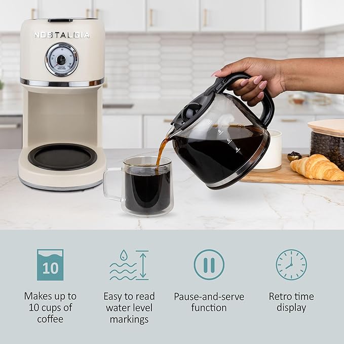 Nostalgia Classic Retro 10 Cup Coffee Maker - One-Touch Drip Brew, Reusable Filter - Anti-Drip, Auto Shutoff, & Time Display - Dishwasher Safe 50 oz Carafe - Cream