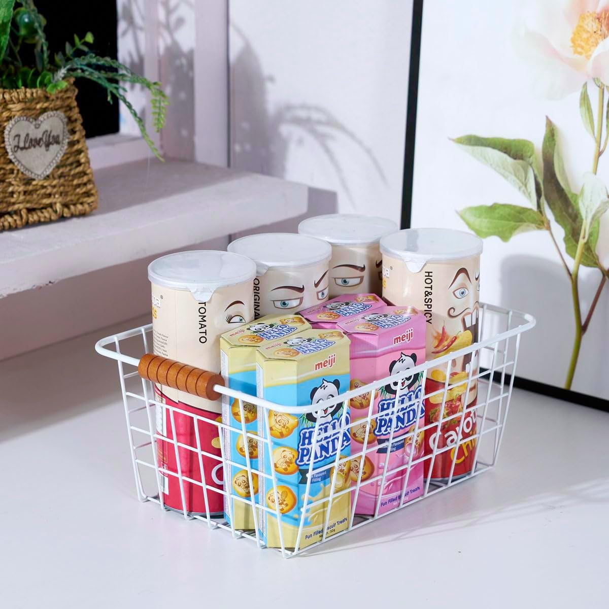 Wire Kitchen Storage Basket 4 Packs,Perfect Pantry Organization Accessories Baskets,Laundry Basket,With a Wooden handle,Suitable for Kitchen,Bathroom,Bedroom,Tabletop,Stackable,White