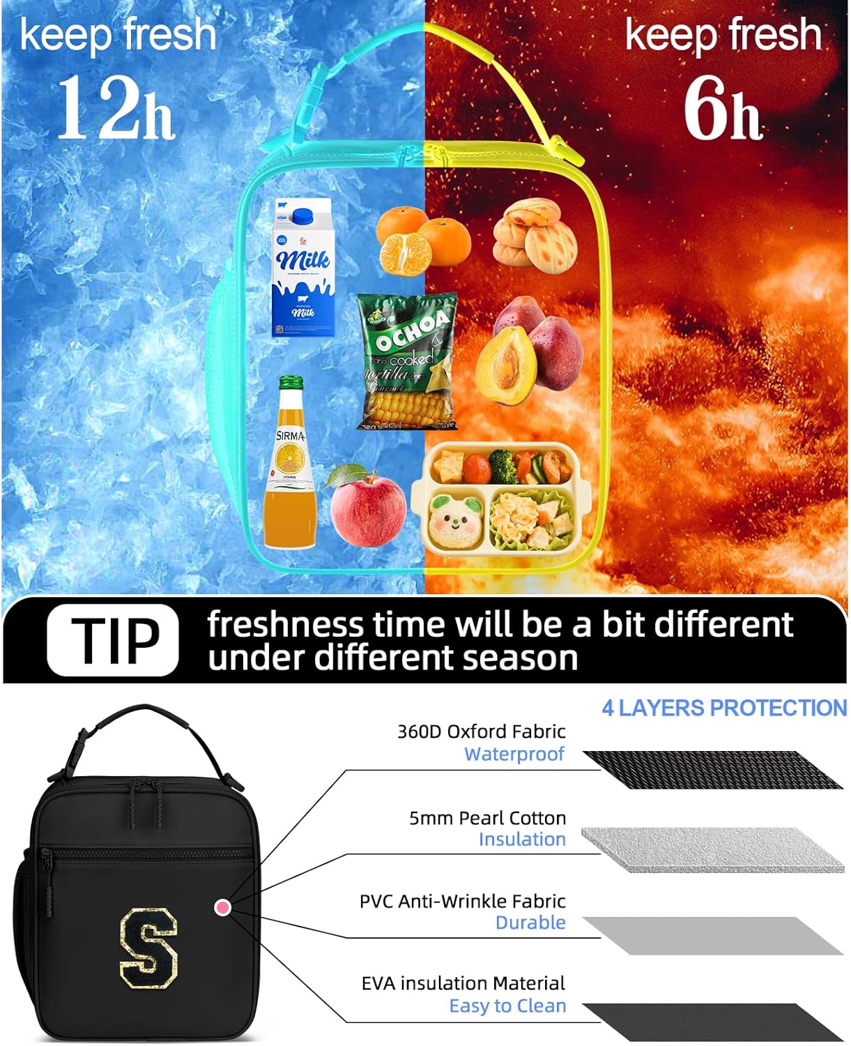 Initial Insulated Lunch Bag for Boys Kids, Back to School Gift, Reusable Leak-proof Lunch Box with Adjustable Strap for School Daycare Travel Picnic（Black，S）