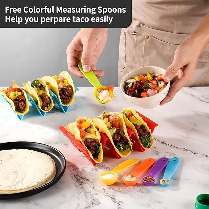 Premium Taco Holder Stand, Colorful Large Taco Holders Set of 6 or 4, Taco Stands for 3 Tacos for Soft/Hard Shells, Street Taco Rack with Plates & Tray, Dishwasher & Microwave Safe