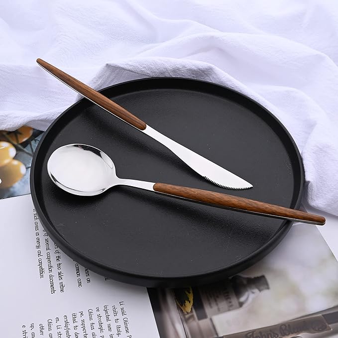6-Piece Dinner Spoons Set, Food Grade Stainless Steel Spoons for Home Hotel Restaurant, Silver Mirror Polished, Faux Wooden Clip Handle Design, 8.0inch Durable Spoons Set, Dishwasher Safe