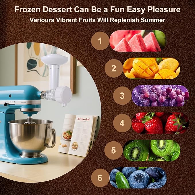 Dairy Free Fruit Ice Cream Maker Attachment Compatible with KitchenAid Stand Mixers, Fronzen Dessert Yogurt Maker, Nature Frozen Fruit Sorbet, Dishwasher Safe Soft Serve Ice Cream Maker