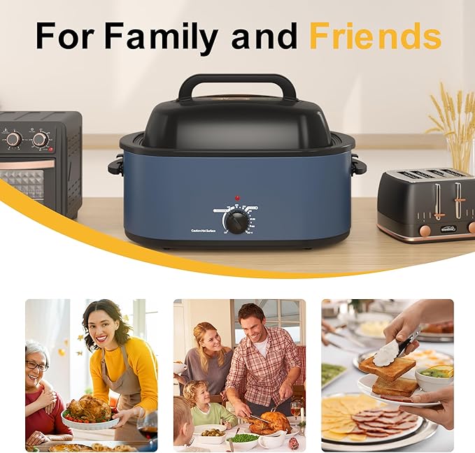 26 Quart Electric Roaster Oven with Visible & Self-Basting Lid, Large Turkey Roaster with Defrost Warm Function, Adjustable Temperature, Removable Pan Rack, Stainless Steel, Blue