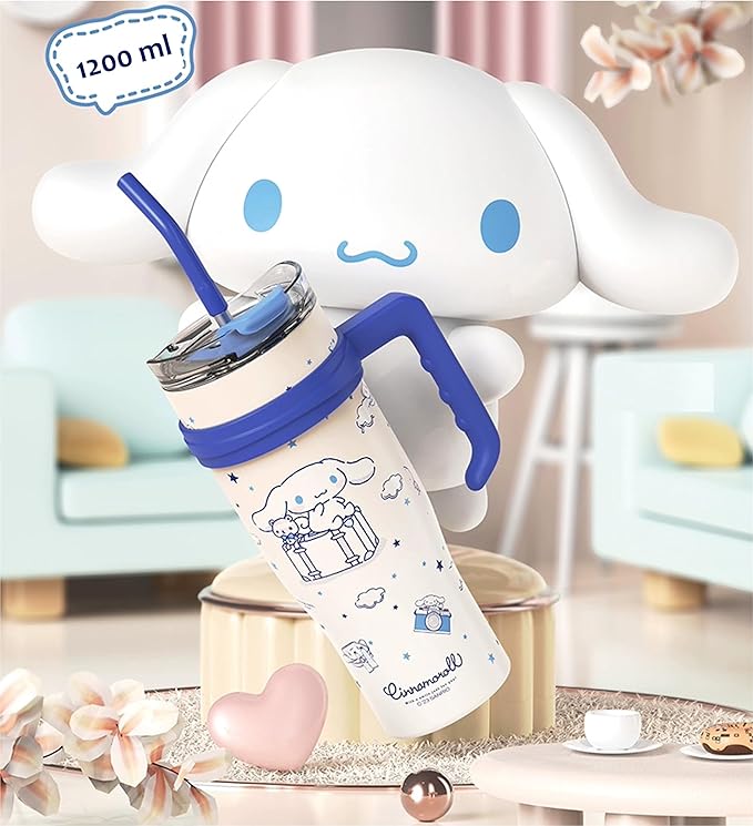 Cinnamoroll Stainless Steel Insulated Tumbler with Lid, Straw & Handle 1200ml - XL Size, White