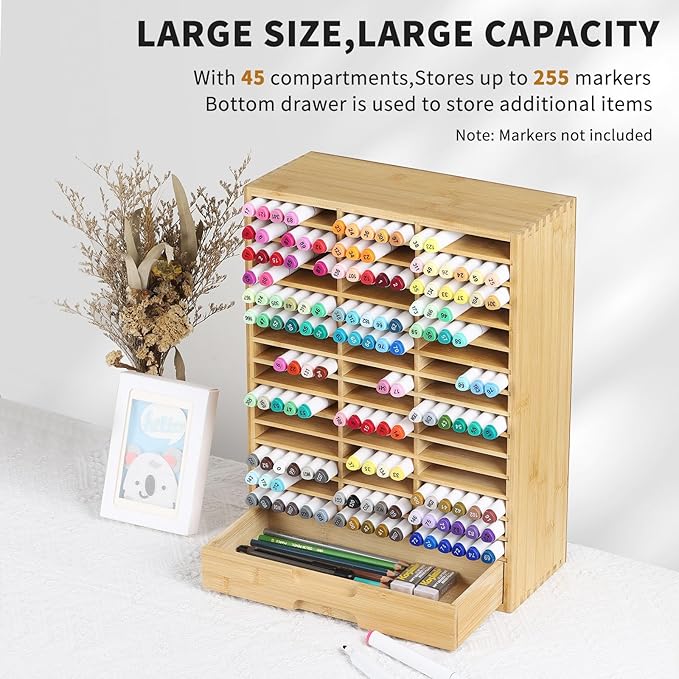 AUTOARK Bamboo Marker Organizer for 225 Markers,Desktop Storage Hold with drawers,Art Markers Pens Pencils Art Brushes Stationary Organizer Marker Pen Holder,AHK-063
