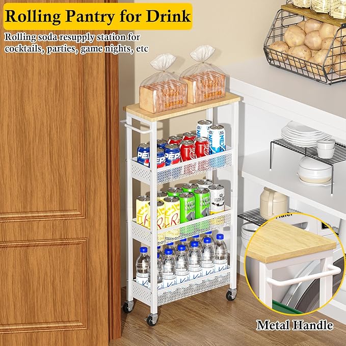 OKZEST Utility Slim Storage Cart, 4 Tier Small Rolling Kitchen Laundry Room Cart with Wood Top, Metal Narrow Bathroom Storage Cabinet Mobile Shelf Unit Organizer Trolley with Handle for Narrow Space