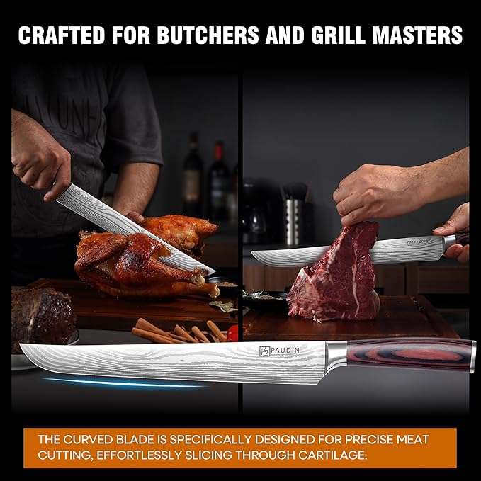 PAUDIN Carving Knife, 12 Inch Brisket Knife, Razor Sharp Edge Slicing Knife for Brisket Meat, Forged German High Carbon Stainless Steel, Ergonomic Handle Design