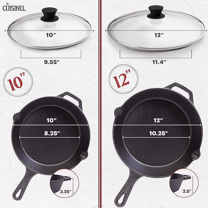 Cast Iron Skillet Set - 10" + 12"-Inch Pre-Seasoned Frying Pans + Glass Lids + Silicone Handle Cover Grips - Indoor/Outdoor Use - Grill, Oven, Stovetop, Induction, BBQ, Firepit Safe Kitchen Cookware