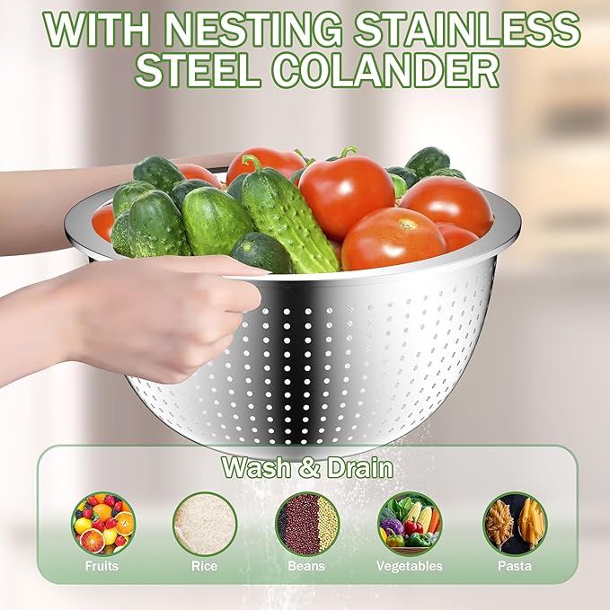 DUTZUN Mixing Bowls with Lids Set, Stainless Steel Mixing Bowl Set with Colander, Strainer with Bowls - Pistachio