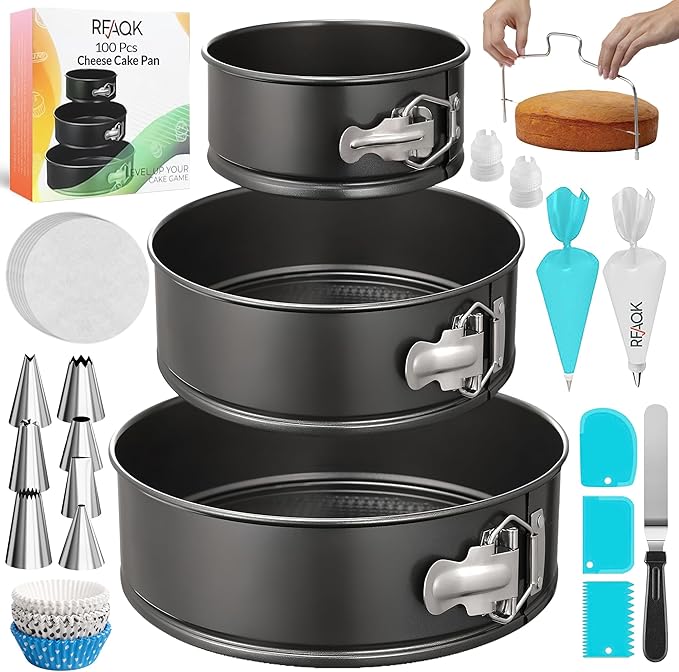 RFAQK 100pcs Cake Pan Sets for Baking + Cake Decorating Supplies: 3 Non-Stick Springform Pans Set (4, 7, 9 inches), Icing Tips, Cake Leveler – Multi-functional Leak-Proof CheeseCake Pan & eBook