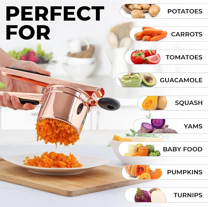 Zulay Kitchen Premium Large 15oz Potato Ricer, Heavy Duty Professional Stainless Steel Potato Masher and Ricer Kitchen Tool, Press and Mash Kitchen Gadget - Rose Gold Fixed Disc