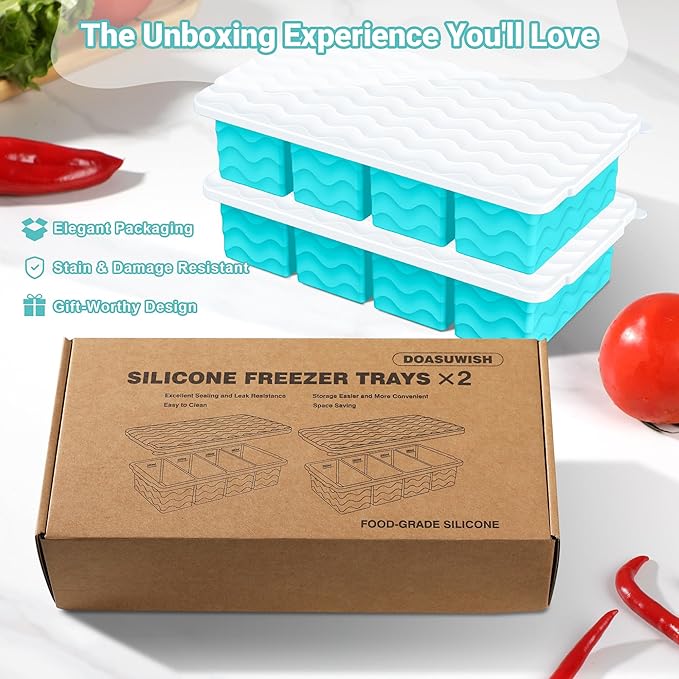 Doasuwish Silicone Freezer Molds for Soup with Lid – 1-Cup Soup Container Style Ice Cube Trays for Freezer, Meal Prep & Food Storage, Freeze 250mL/125mL Portions – 2 Pack