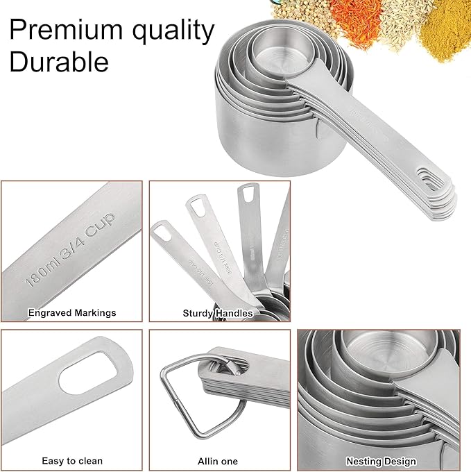 Smithcraft Measuring Cups Set, 18/8 Stainless Steel Measuring Cups Set with Magnetic Conversion Chart, Dry&Liquid Metal Measuring Cups for Baking&Kitchen, Metric&US 8 Measuring Cups with 2/3cup&3/4cup