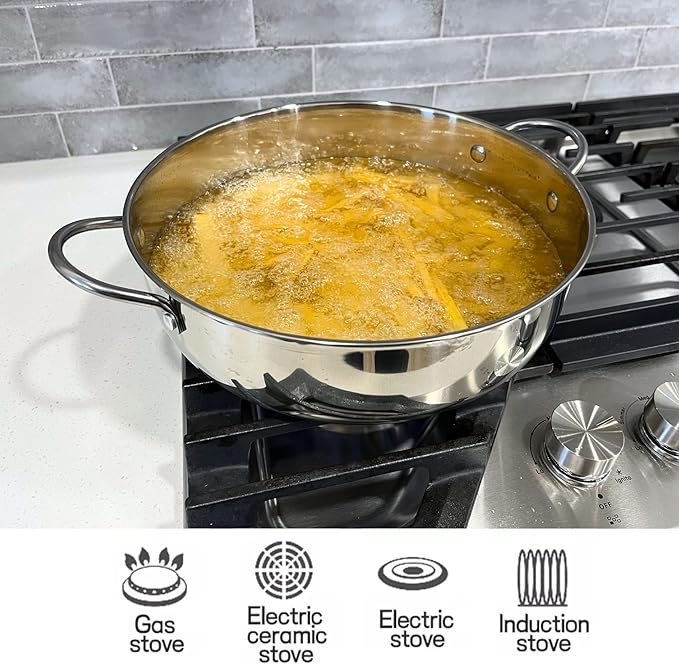 Saltlas 4.4Qt/4.2L Deep Fryer Pot with Basket and Strainer Spoon, 304 Stainless Steel Fish Frying Pot for Seafood, Chicken, French Fries, Japanese Tempura