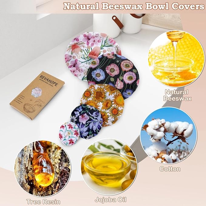 5-Size Reusable Beeswax Bowl Covers for Bread Proofing, Cotton Cloth Flexible Beeswax Wraps for Food Storage(Protea Floral)