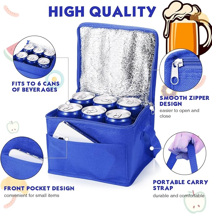 Nuogo 15 Pack Insulated Lunch Bags Bulk, Reusable Cooler Boxes, Leakproof Lunch Boxes Set, Waterproof Thermal Coolers, Insulated Beverage Bag for Women Men Work Picnic Beach(Blue)