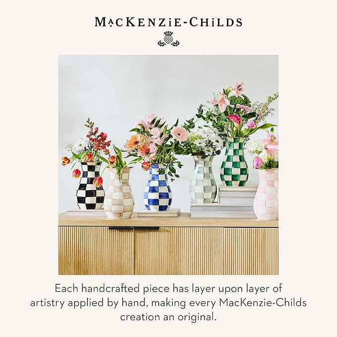 MACKENZIE-CHILDS Tall Enamel Vase, Unique Flower Vase, Decorative Table Decor for Living Room, Black-and-White Courtly Check