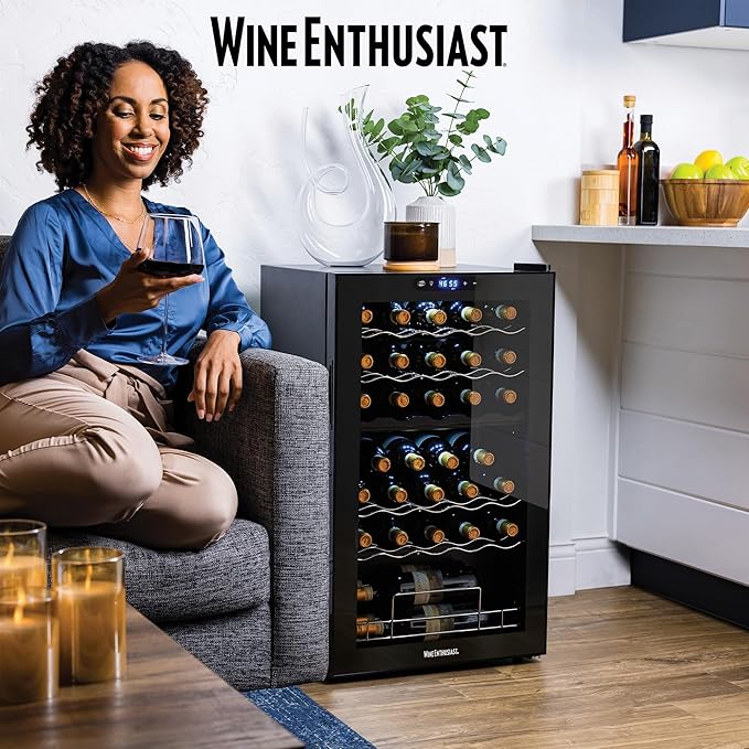 Wine Enthusiast 32-Bottle Dual Zone MAX Compressor Wine Cooler – Freestanding Mini Fridge with Digital Touchscreen, LED Display, Split Storage for Red & White Wines, Matte Black Refrigerator Home Bar