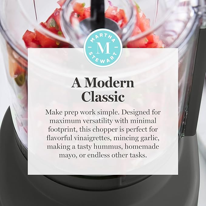 Martha Stewart 3 Cup Electric Food Chopper, Vegetable & Herb Mini Food Processor, 24oz BPA-Free Bowl, Stainless Steel Blades, Pour Spout, Dicing, Mincing, Chop & Puree, Dishwasher Safe, Caviar