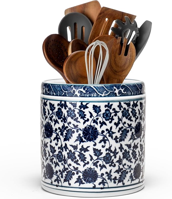 Utensil Holder, 6" Premium Ceramic Kitchen Utensil Rack for Countertop, Hand-painted blue and white porcelain made in Jingdezhen suitable for Vintage Farmhouse Kitchen Counter Decor
