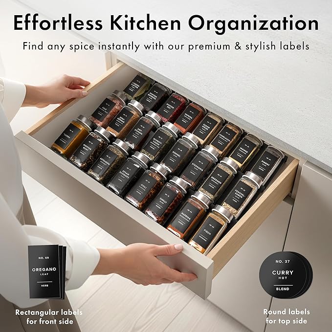 EDELHAUS Glass Spice Jars with Labels and Steel Lids (24 x 4oz) Spice Containers with 240 Label, Steel Funnel, Shaker Inserts, Empty Square Seasoning Organizer for Spice Rack, Cabinet, Drawer
