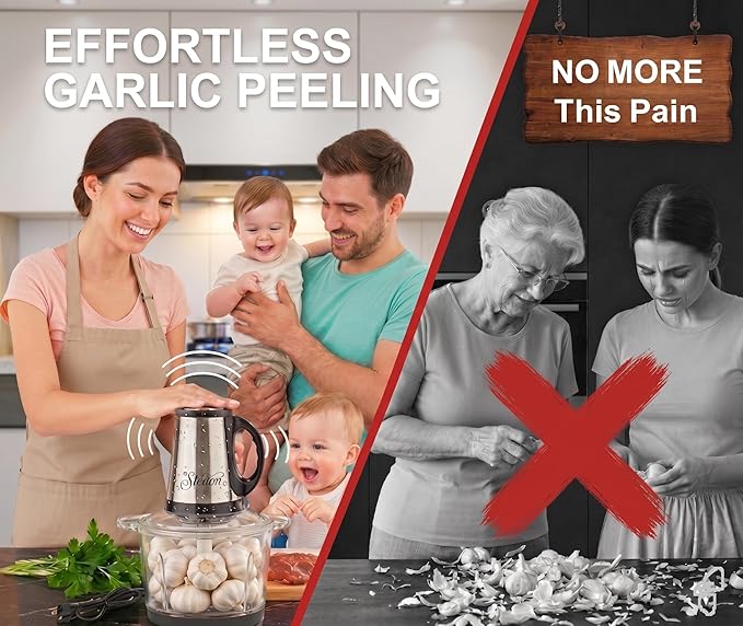 Electric Garlic Peeler & Chopper 300W – Automatic Garlic Peeler Machine with 2L Jar & Dual Blades, Electric Garlic Mincer, Vegetable Chopper & Silicone Garlic Peeler Skin Remover Tool