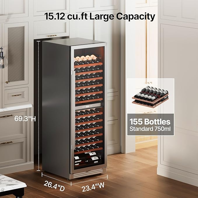 Ca'Lefort 155 Bottle Wine Fridge - 24 Inch Dual Zone Wine Cooler 40-65°F with Bottom Drawer, 13 Adjustable Shelves & 3 LED Lights, Energy Star Certified Built-in or Freestanding for Home/Bar/Kitchen